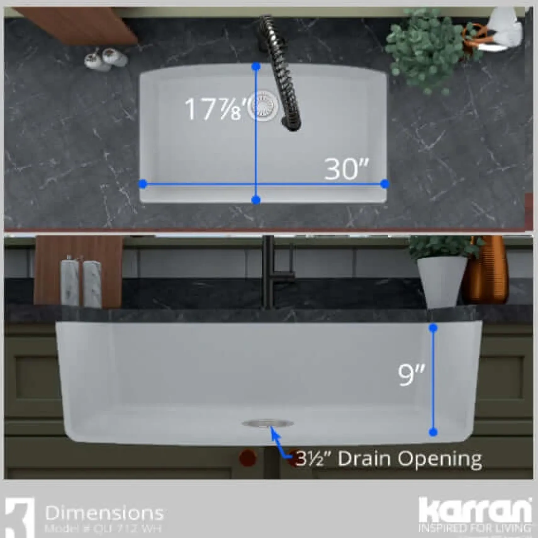 Karran 32" Undermount Quartz Composite Kitchen Sink, White, QU-712-WH-PK1