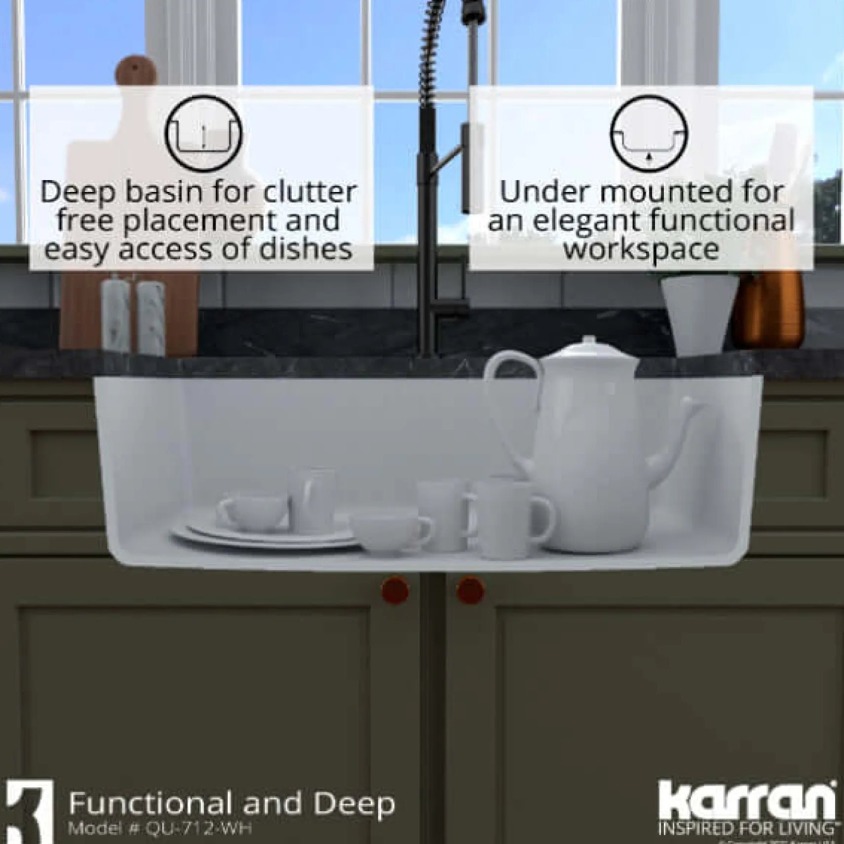 Karran 32" Undermount Quartz Composite Kitchen Sink, White, QU-712-WH-PK1