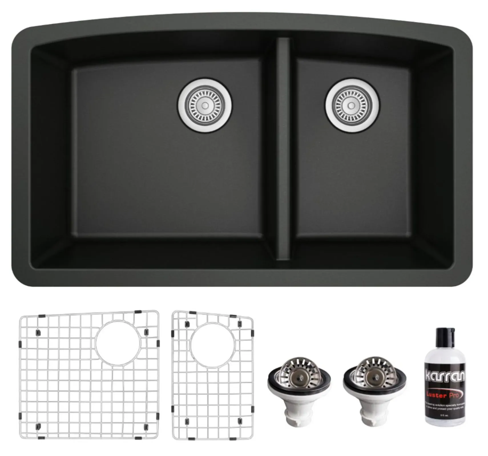 Karran 32" Undermount Quartz Composite Kitchen Sink, 60/40 Double Bowl, Black, QU-711-BL-PK1