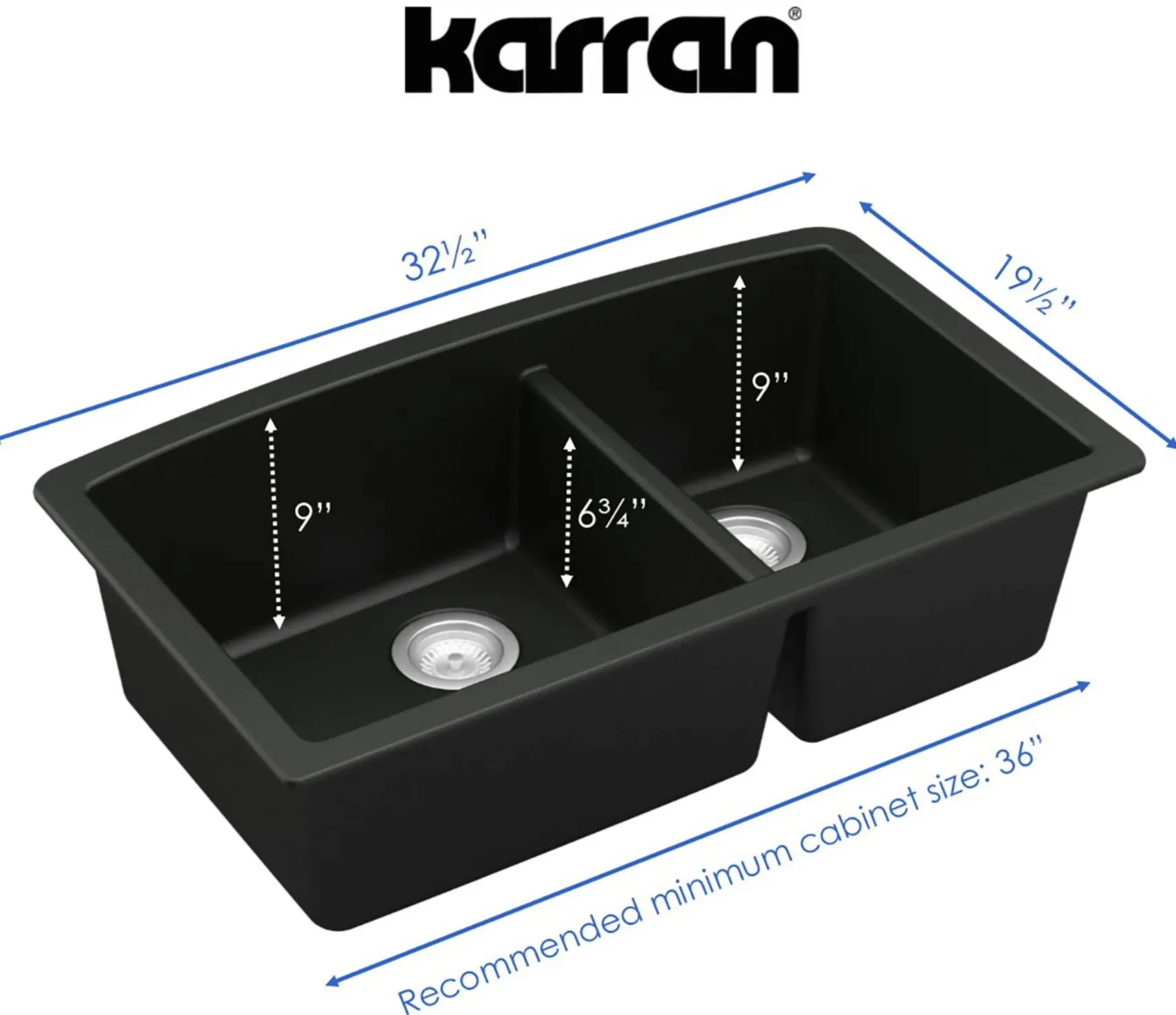 Karran 32" Undermount Quartz Composite Kitchen Sink, 60/40 Double Bowl, Black, QU-711-BL-PK1