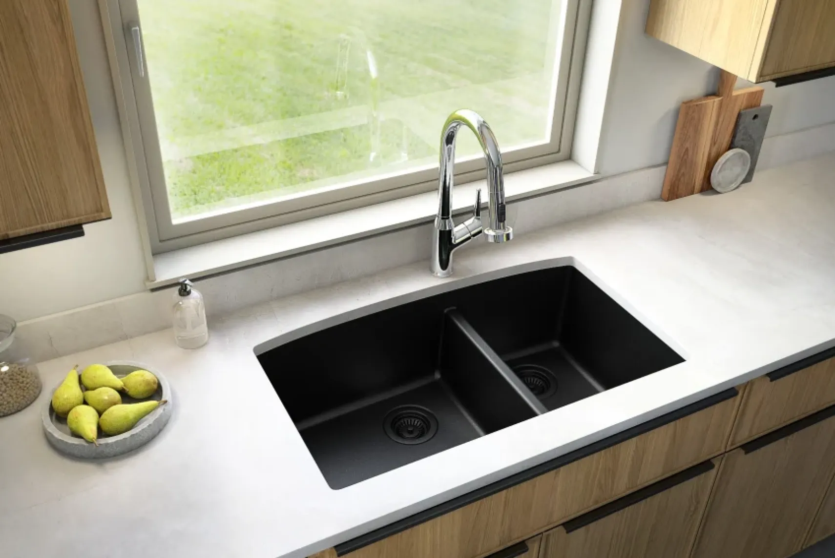 Karran 32" Undermount Quartz Composite Kitchen Sink, 60/40 Double Bowl, Black, QU-711-BL-PK1