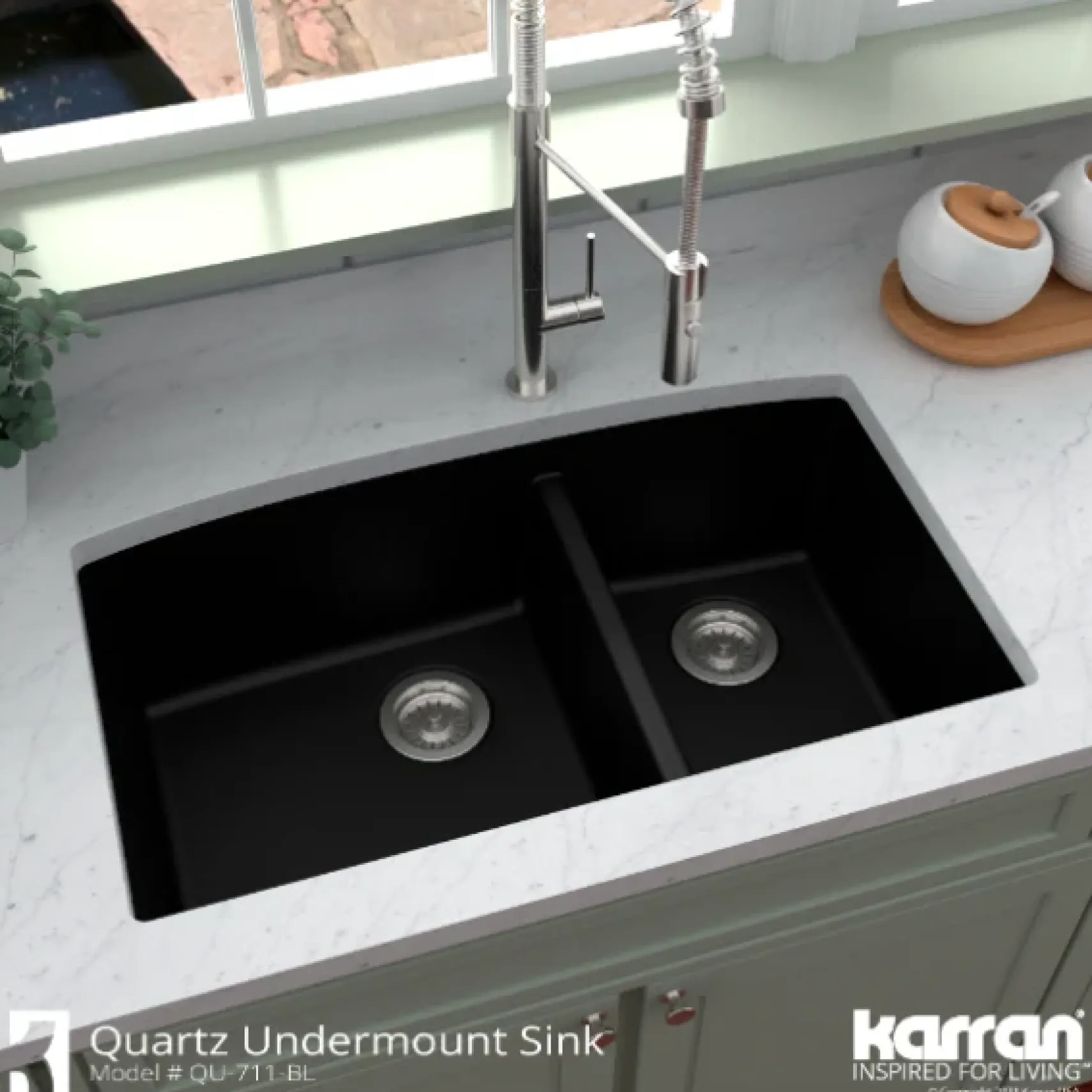 Karran 32" Undermount Quartz Composite Kitchen Sink, 60/40 Double Bowl, Black, QU-711-BL-PK1