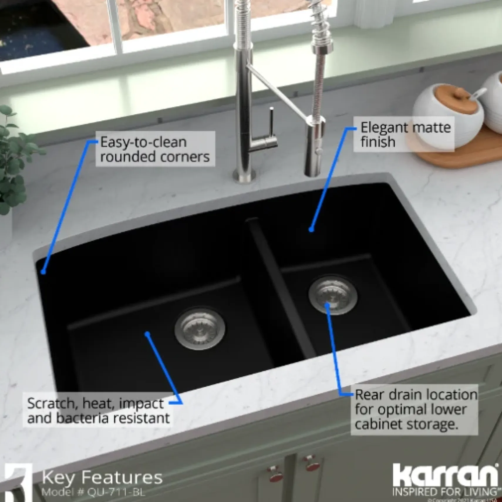 Karran 32" Undermount Quartz Composite Kitchen Sink, 60/40 Double Bowl, Black, QU-711-BL-PK1
