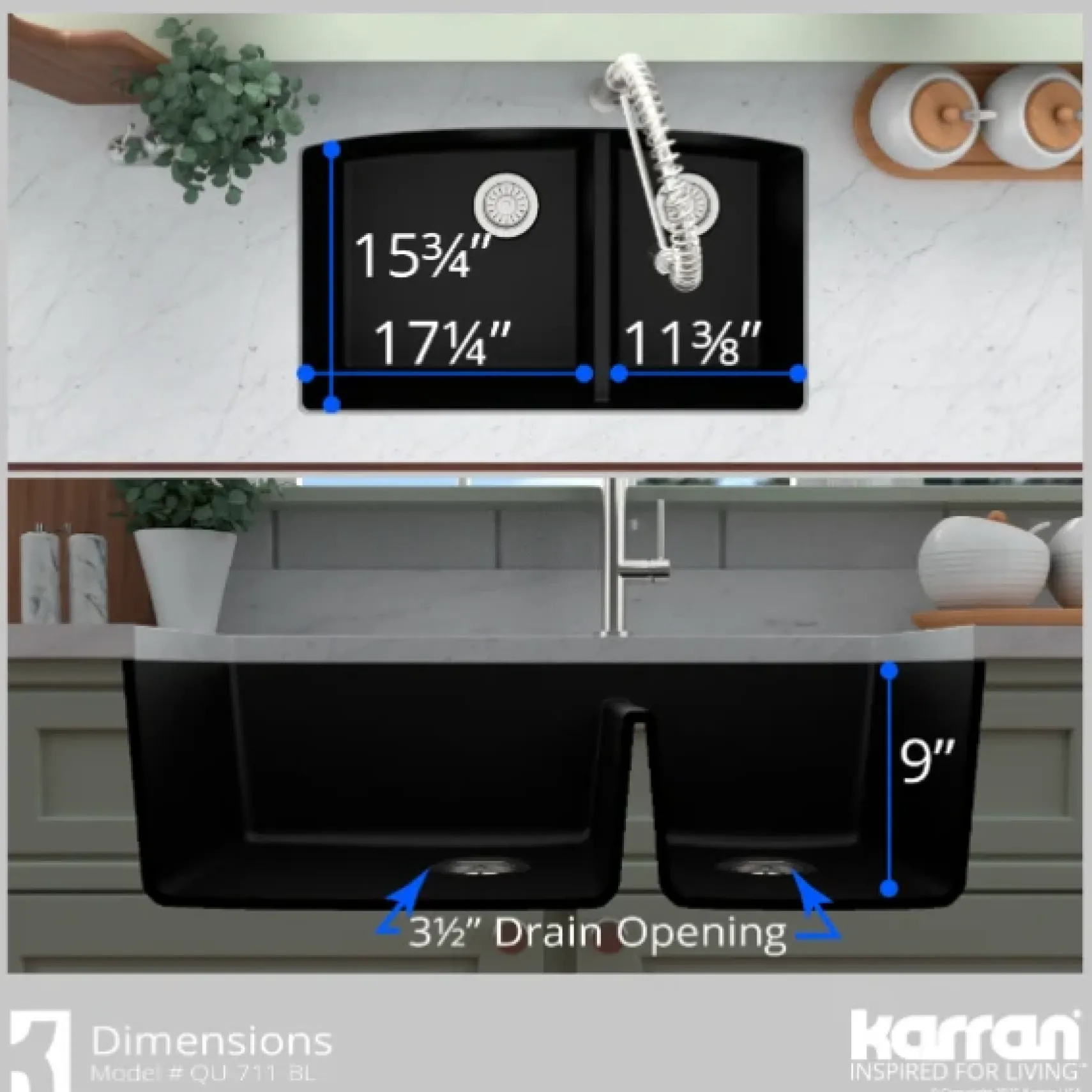 Karran 32" Undermount Quartz Composite Kitchen Sink, 60/40 Double Bowl, Black, QU-711-BL-PK1