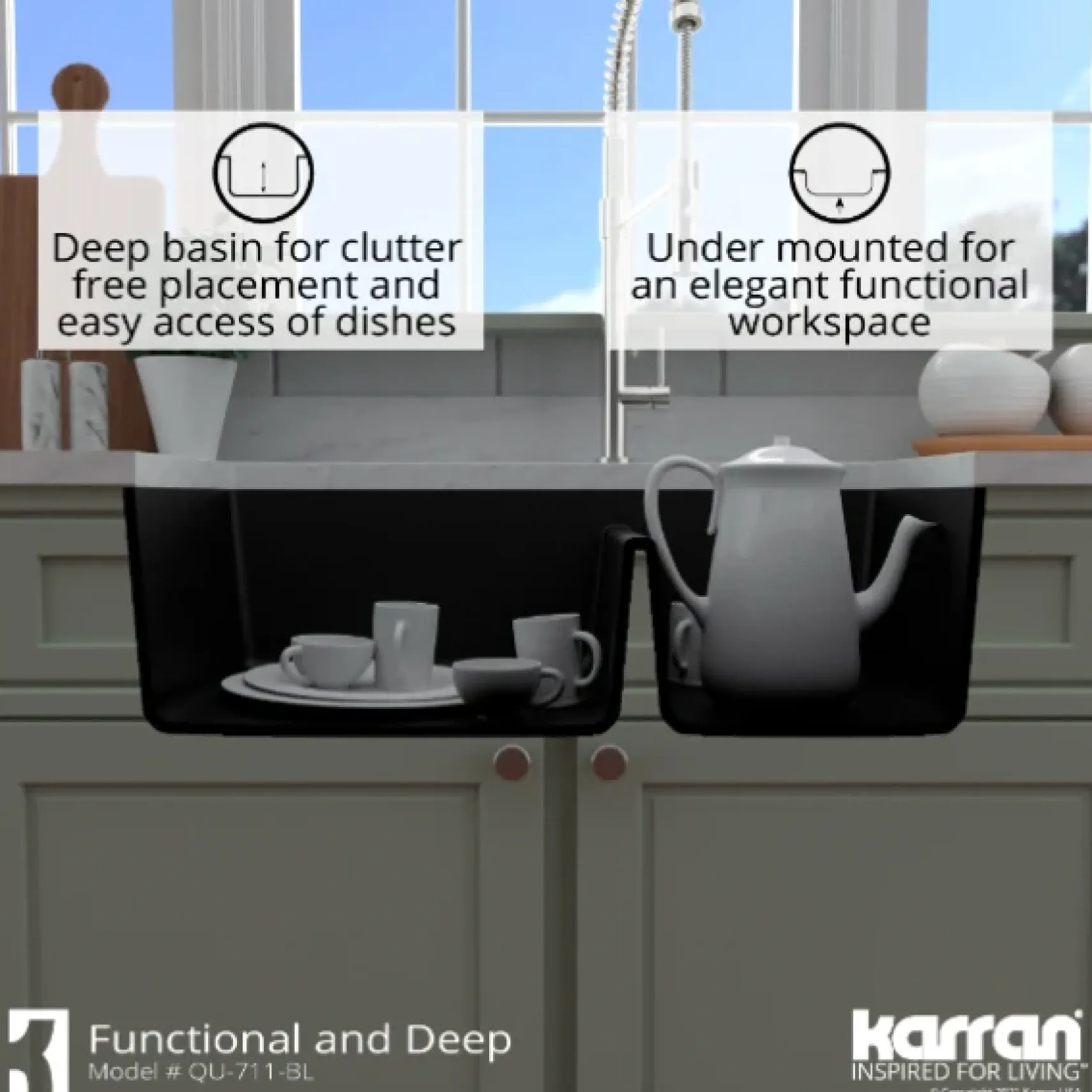 Karran 32" Undermount Quartz Composite Kitchen Sink, 60/40 Double Bowl, Black, QU-711-BL-PK1