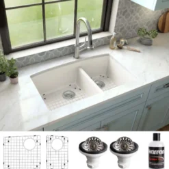 Karran 32" Undermount Quartz Composite Kitchen Sink, 60/40 Double Bowl, White, QU-711-WH-PK1