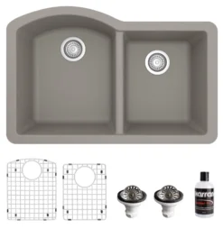 Karran 32" Undermount Quartz Composite Kitchen Sink, 60/40 Double Bowl, Concrete, QU-610-CN-PK1