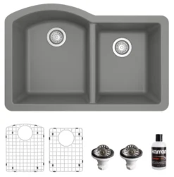 Karran 32" Undermount Quartz Composite Kitchen Sink, 60/40 Double Bowl, Grey, QU-610-GR-PK1