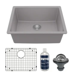 Karran 24" Undermount Quartz Composite Kitchen Sink with Accessories, Grey, QU-820-GR-PK1