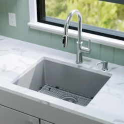 Karran 24" Undermount Quartz Composite Kitchen Sink with Accessories, Grey, QU-820-GR-PK1