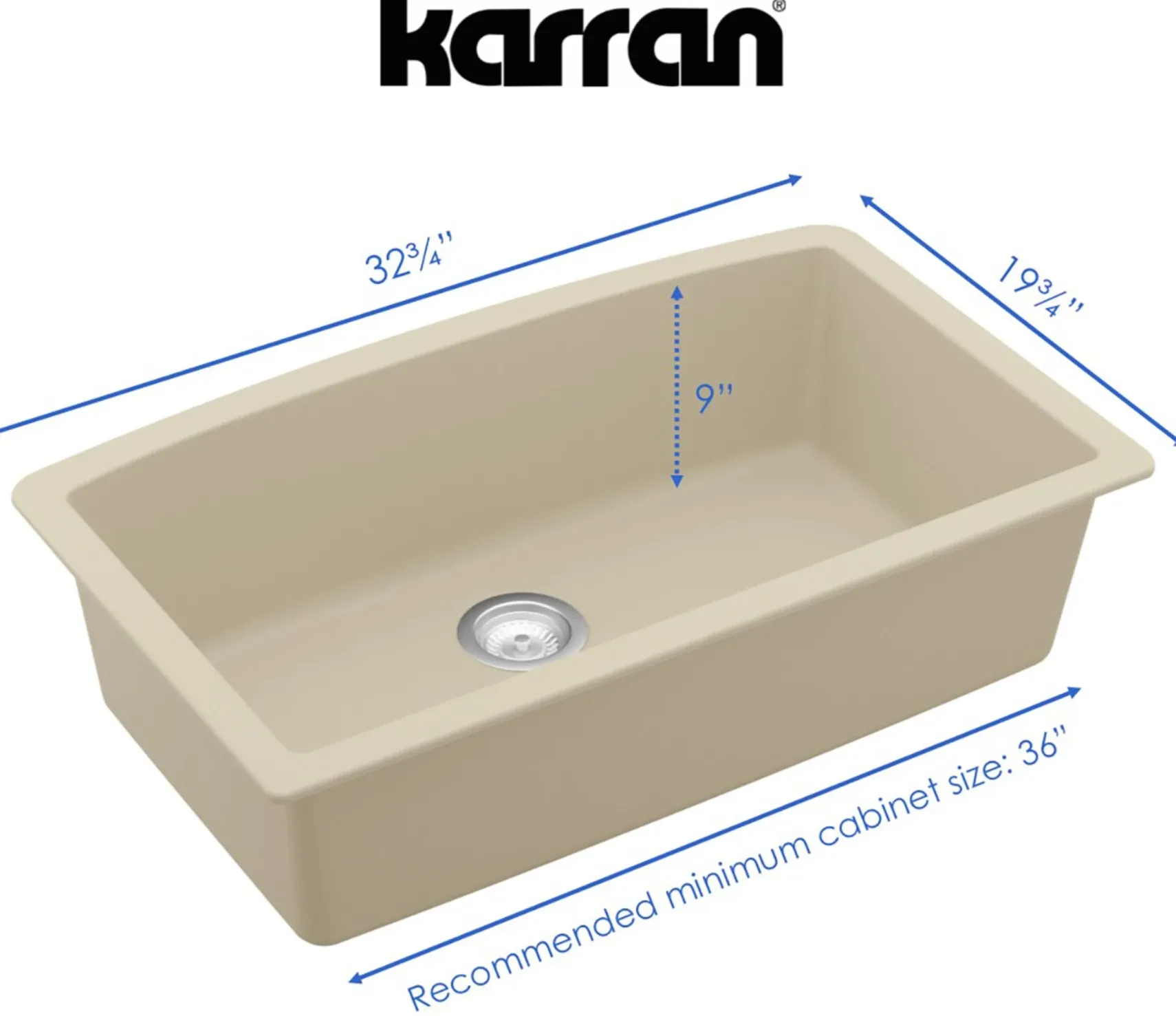 Karran 32" Undermount Quartz Composite Kitchen Sink, Bisque, QU-712-BI-PK1