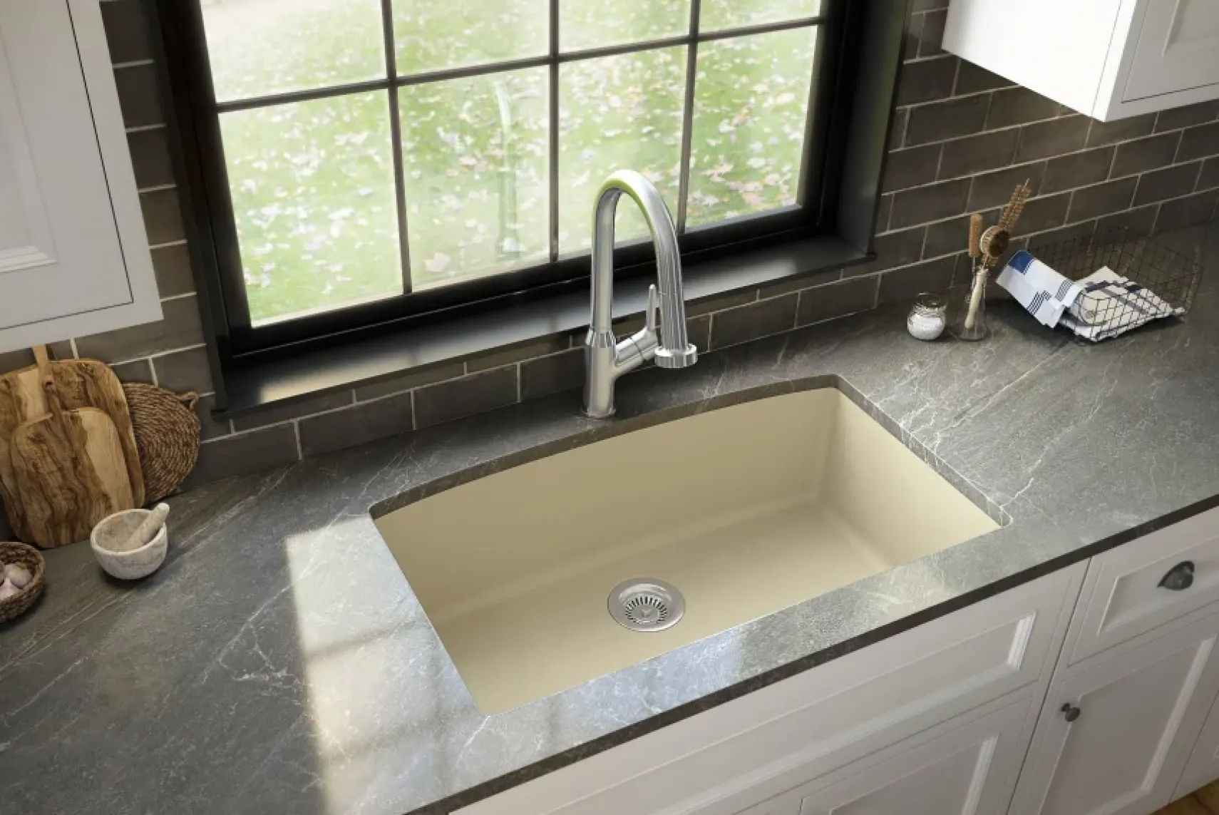 Karran 32" Undermount Quartz Composite Kitchen Sink, Bisque, QU-712-BI-PK1