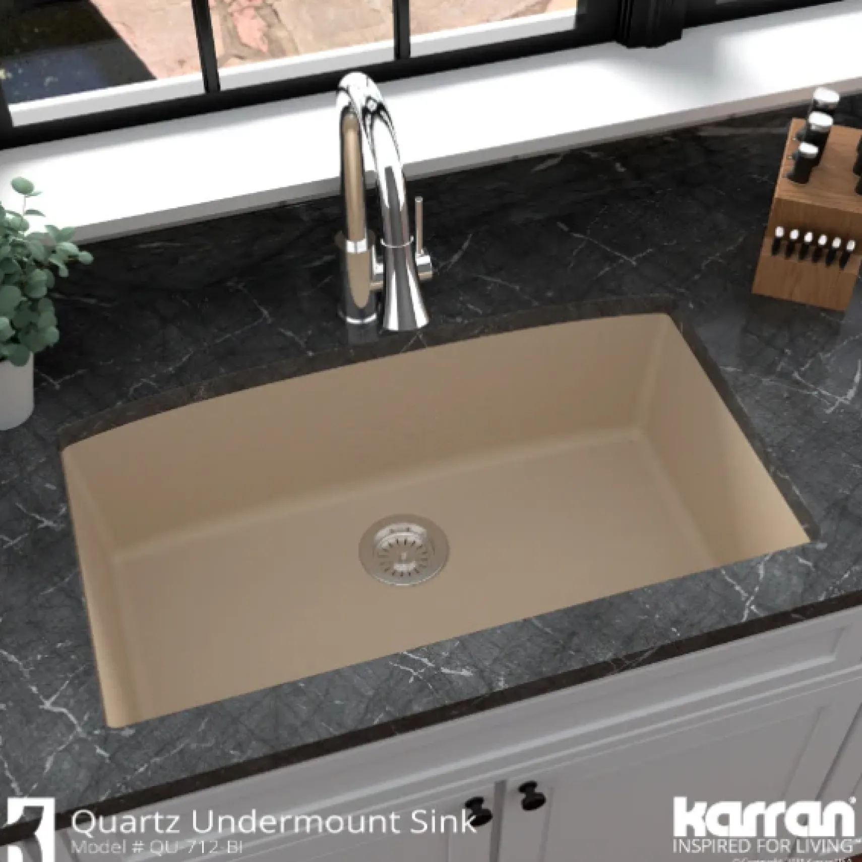 Karran 32" Undermount Quartz Composite Kitchen Sink, Bisque, QU-712-BI-PK1
