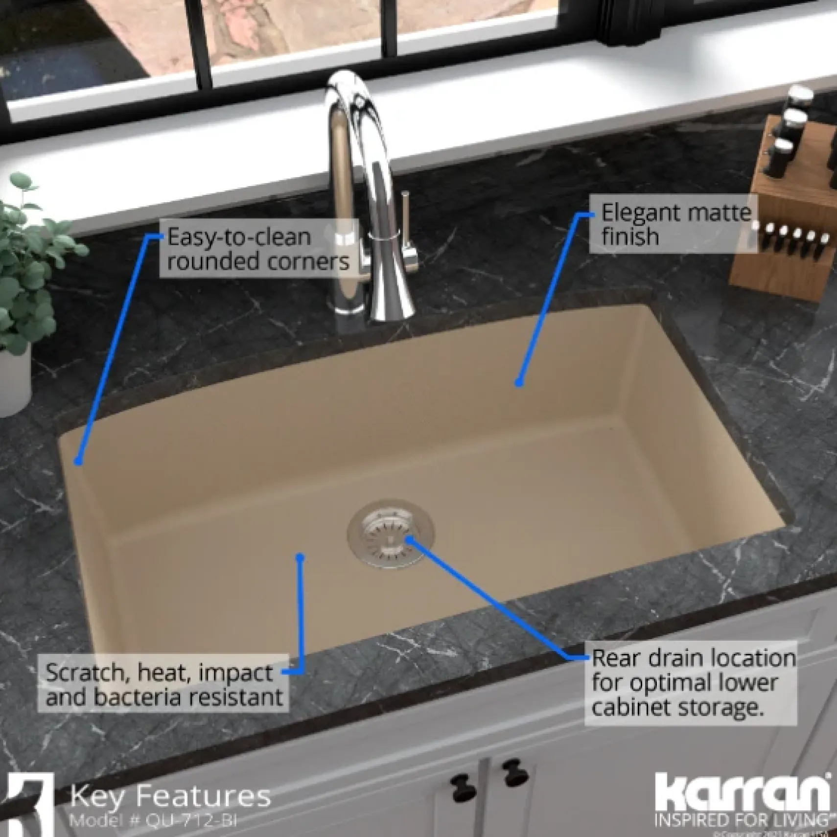 Karran 32" Undermount Quartz Composite Kitchen Sink, Bisque, QU-712-BI-PK1