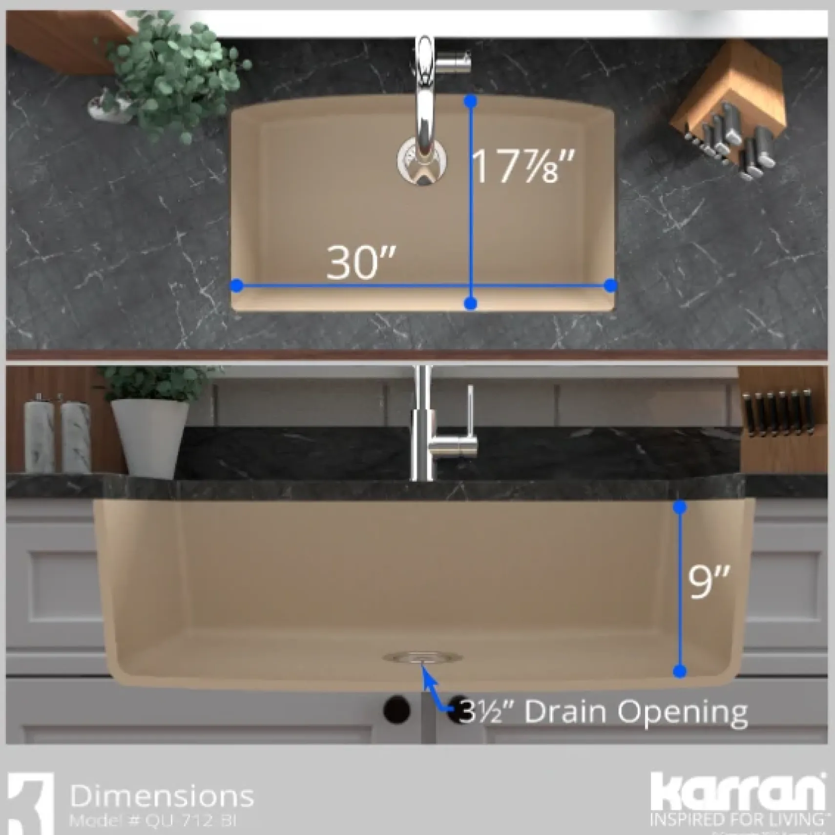 Karran 32" Undermount Quartz Composite Kitchen Sink, Bisque, QU-712-BI-PK1