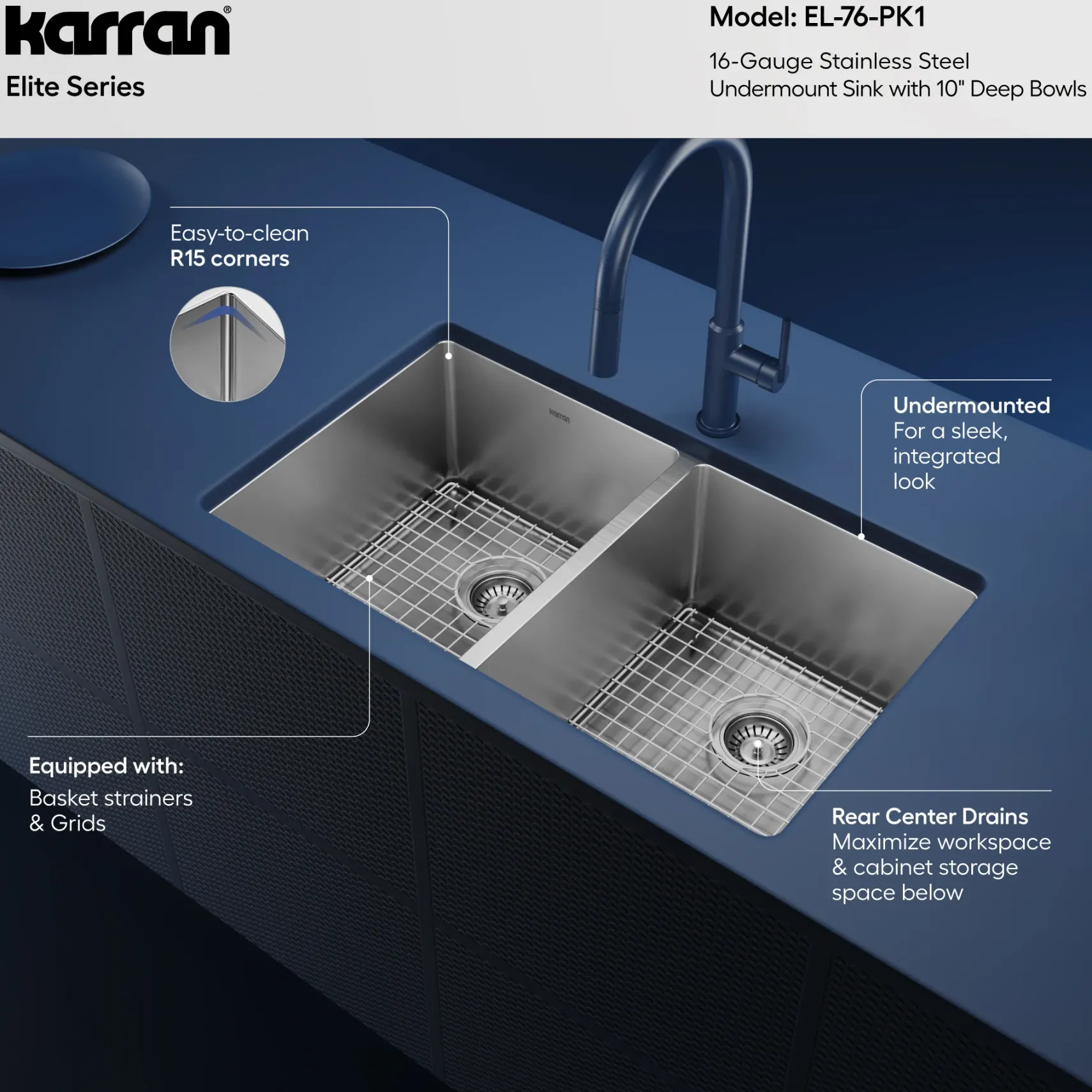 Karran 32" Undermount Stainless Steel Kitchen Sink, 50/50 Double Bowl, 16 Gauge, EL-76-PK1