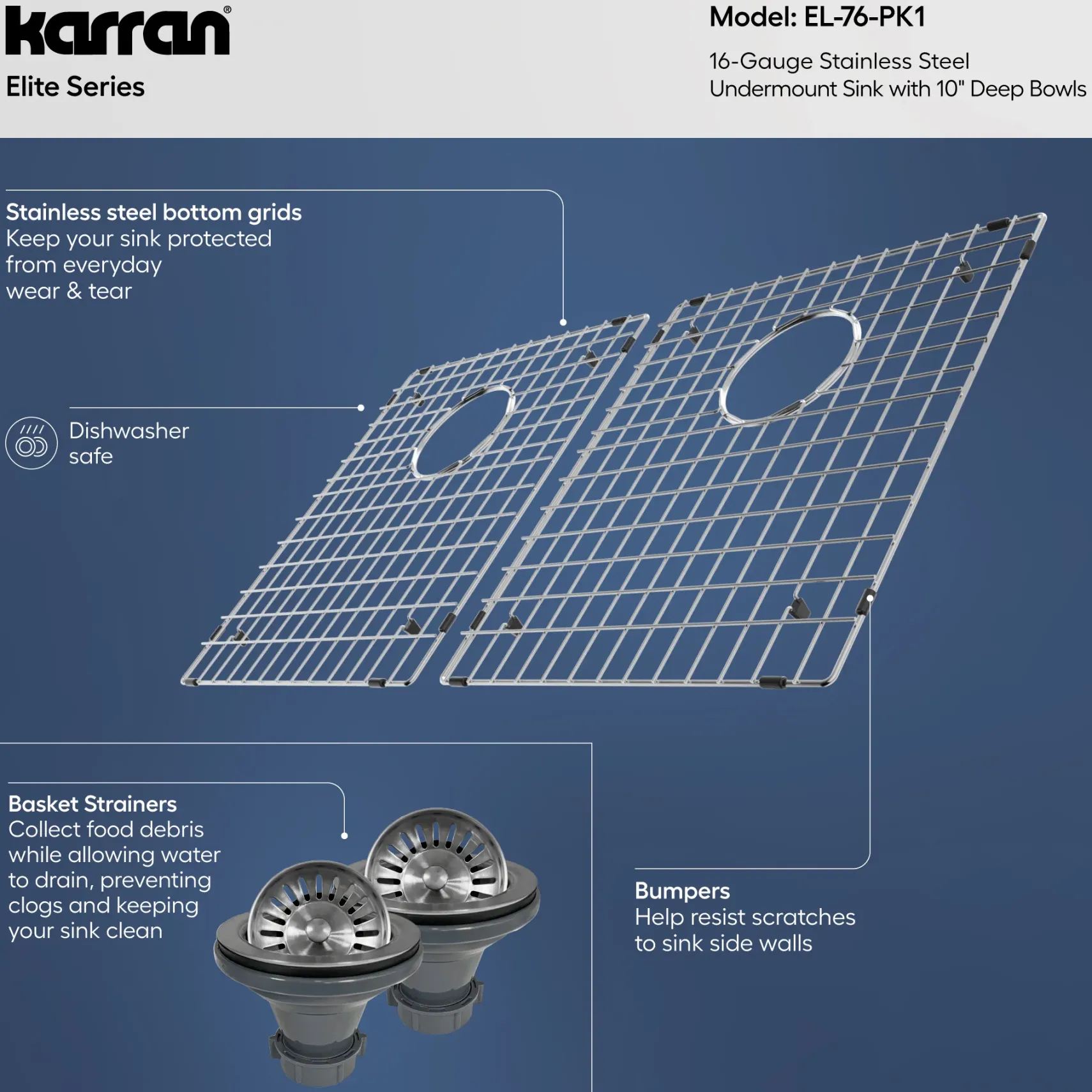 Karran 32" Undermount Stainless Steel Kitchen Sink, 50/50 Double Bowl, 16 Gauge, EL-76-PK1