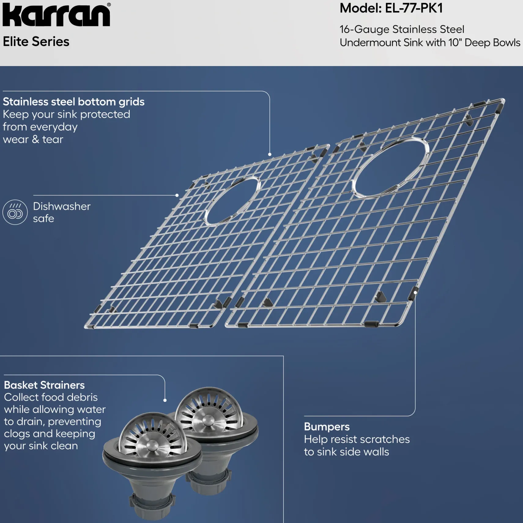 Karran 32" Undermount Stainless Steel Kitchen Sink with Accessories, 60/40 Double Bowl, 16 Gauge, EL-77-PK1