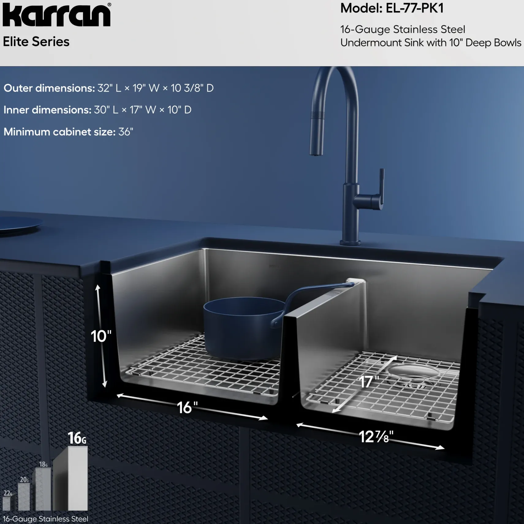 Karran 32" Undermount Stainless Steel Kitchen Sink with Accessories, 60/40 Double Bowl, 16 Gauge, EL-77-PK1