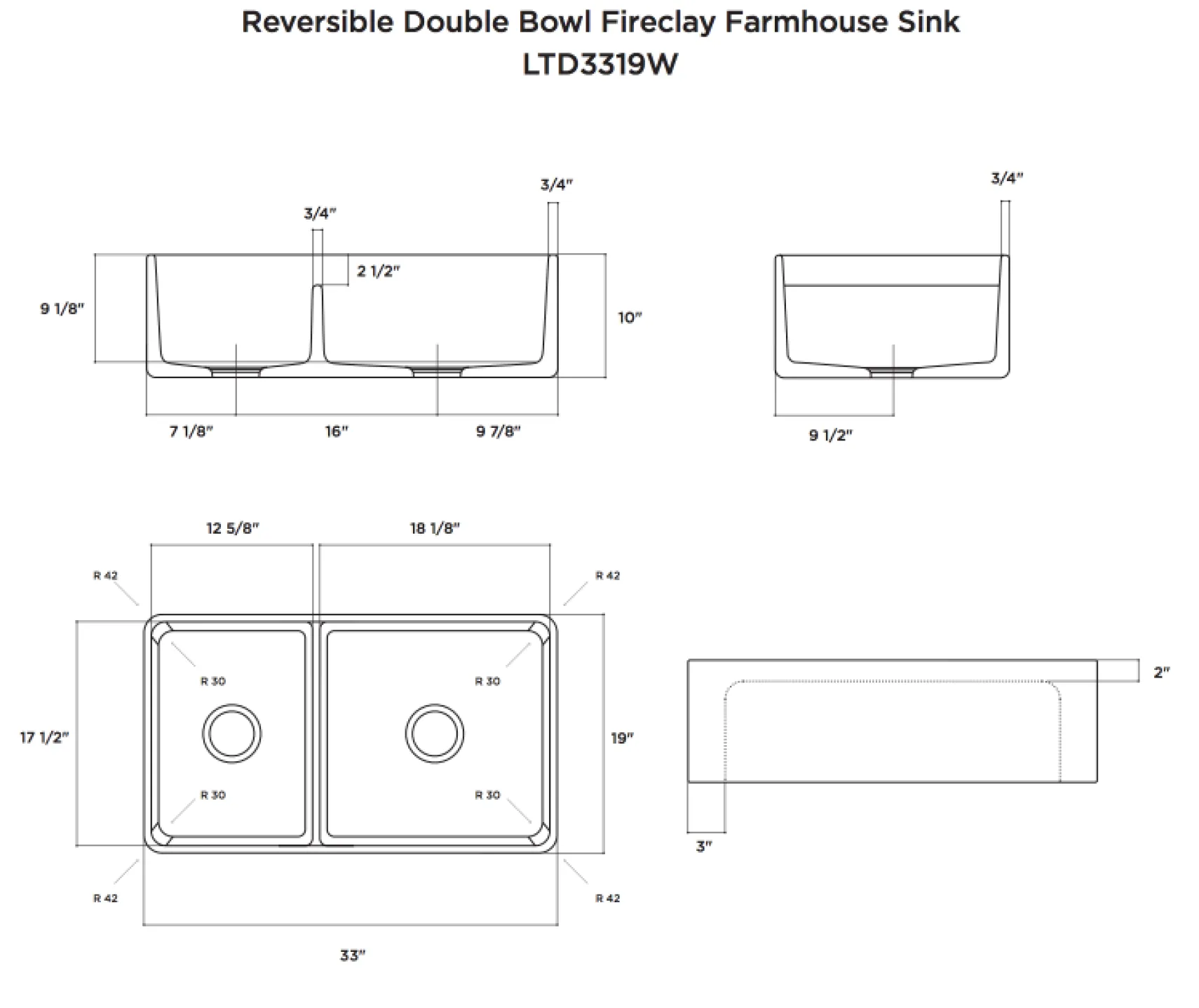 Latoscana 33" Fireclay Farmhouse Sink, 60/40 Double Bowl, White, LTD3319W