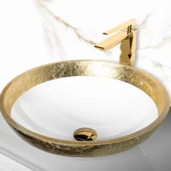 MaestroBath 17" Camelia Flare Teck44 Vessel ADA Oval Bathroom Sink, White Gold, Crystal, Matt White Gold, ATE-CA4-WHG