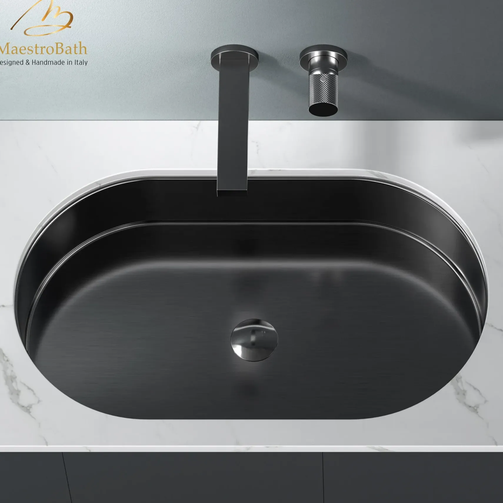 MaestroBath 15" Raggio Modern Oval Under-Mount ADA Rectangle Bathroom Sink, Gun Metal, Stainless Steel, STN-RAG-GUM