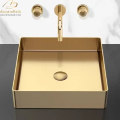 MaestroBath 16" Stella Modern Square Vessel ADA Bathroom Sink, Brushed Gold, Stainless Steel, STN-STL-BRG
