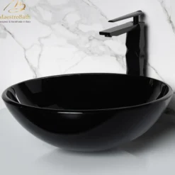 MaestroBath 17" Verona Round Crystal ADA Bathroom Sink, Black, Tempered glass, SIN-VER-BLK