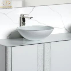 MaestroBath 17" Verona Round Crystal ADA Bathroom Sink, White, Tempered glass, SIN-VER-WHT