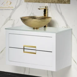 MaestroBath Dante 32" Modern Bathroom Vanity, White and Gold, Wall-mounted, Glass Top: Flat, Wood, VANK-DNT-WG8