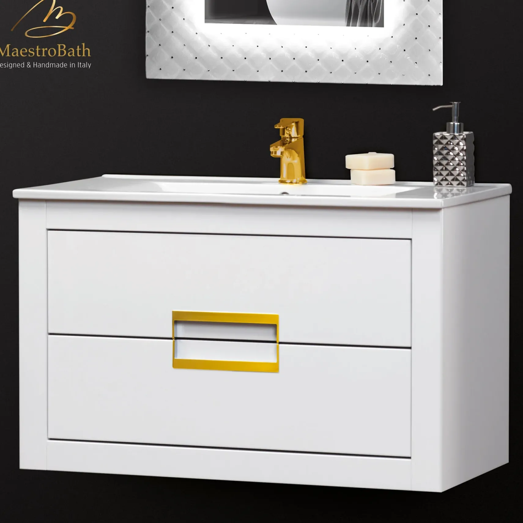 MaestroBath Dante 32" Modern Bathroom Vanity, White and Gold, Wall-mounted, Glass Top: Integrated, Wood, VANK-DNTI-WG8