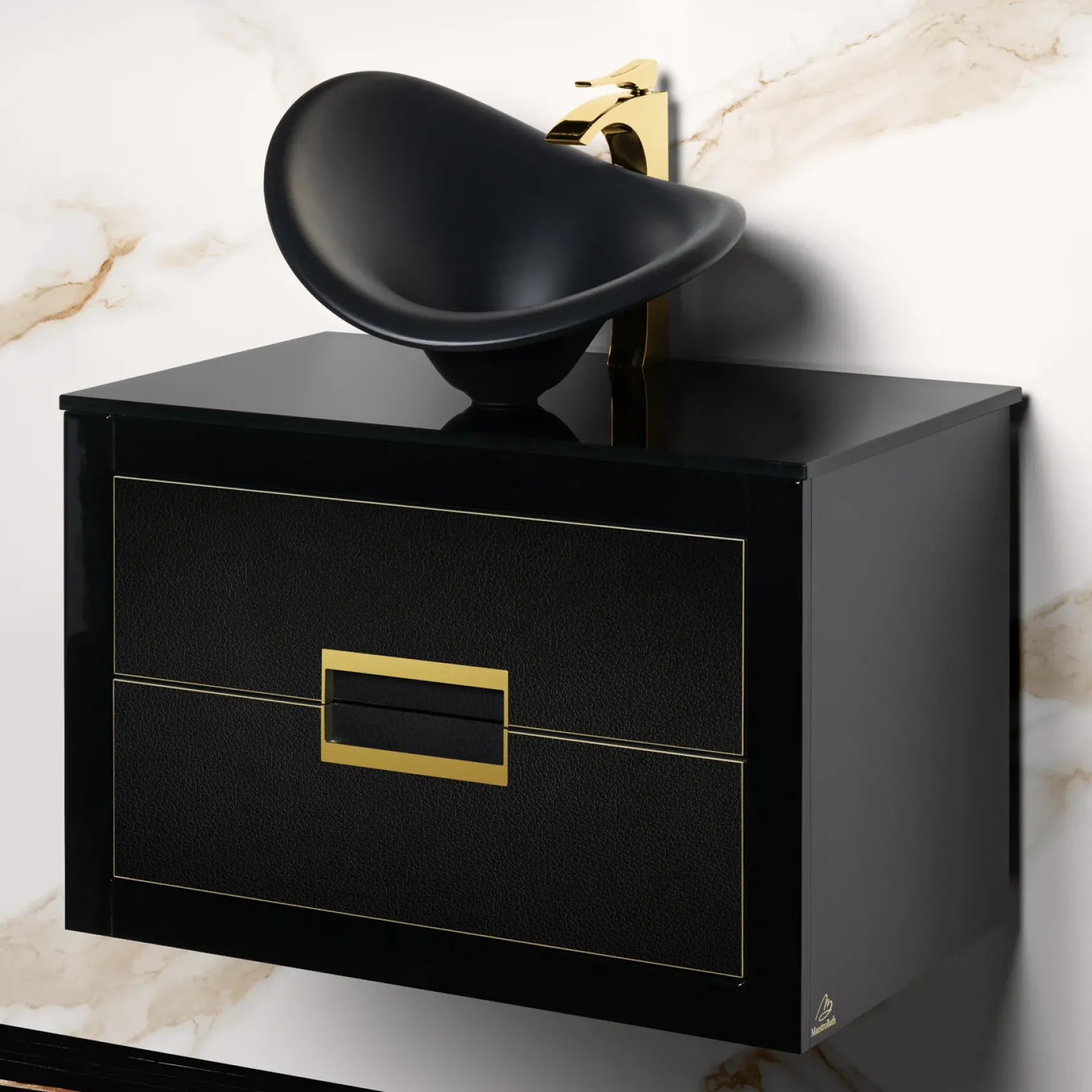 MaestroBath Dante 32" Modern Bathroom Vanity, Black and Gold, Wall-mounted, Glass Top: Flat, Wood, VANK-DNT-BG8