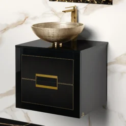 MaestroBath Dante 24" Modern Bathroom Vanity, Black and Gold, Wall-mounted, Glass Top: Integrated, Wood, VANK-DNTI-BG6