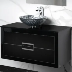 MaestroBath Dante 40" Modern Bathroom Vanity, Black and Silver, Wall-mounted, Glass Top: Flat, Wood, VANK-DNT-BS10