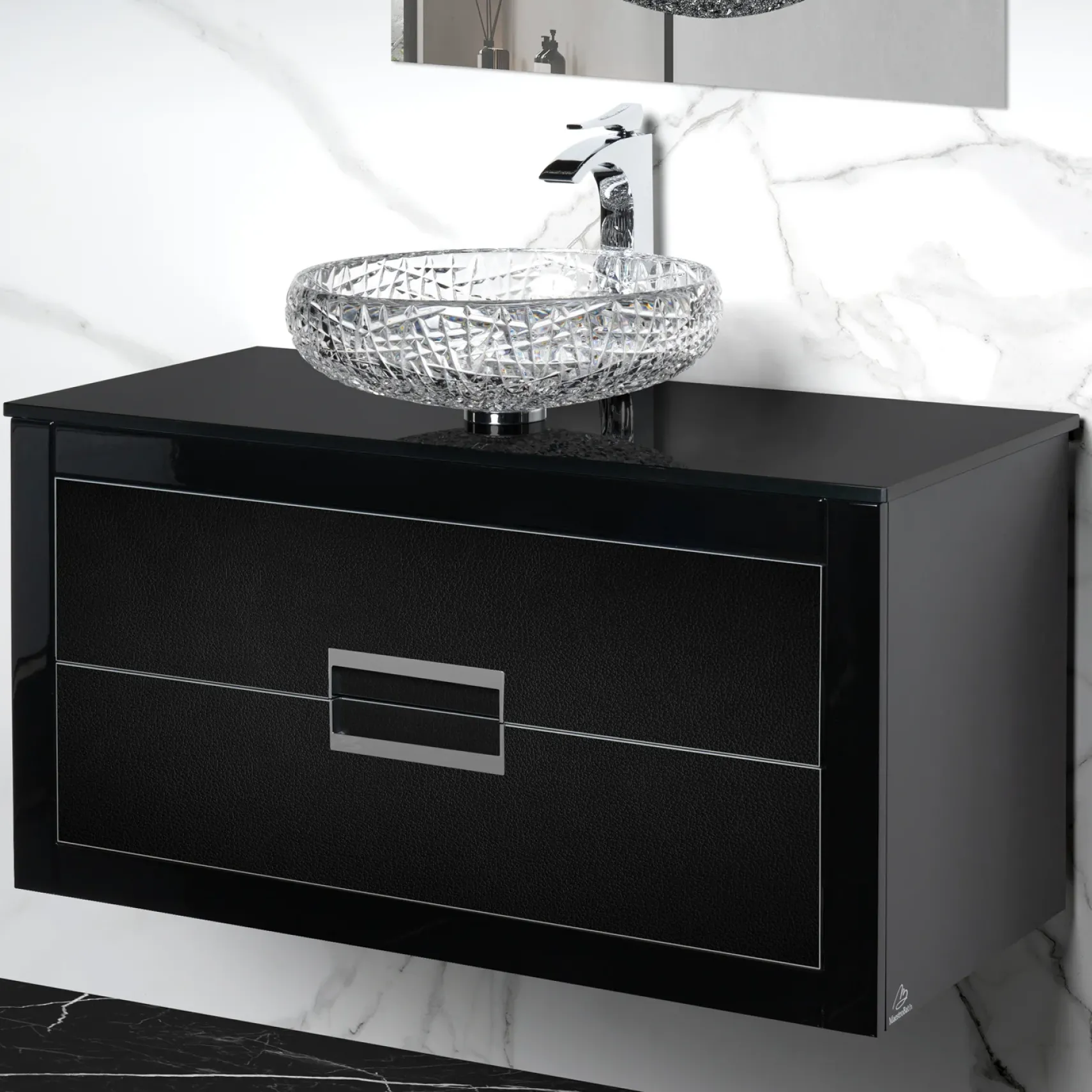 MaestroBath Dante 40" Modern Bathroom Vanity, Black and Silver, Wall-mounted, Glass Top: Flat, Wood, VANK-DNT-BS10