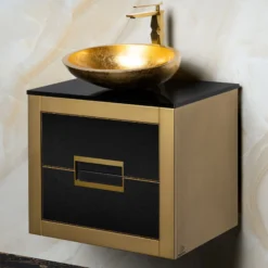 MaestroBath Dante 24" Modern Bathroom Vanity, Gold and Black, Wall-mounted, Glass Top: Flat, Wood, VANK-DNT-GL6
