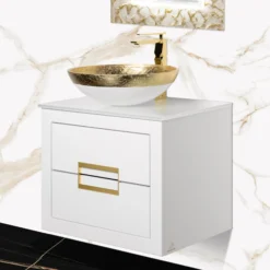 MaestroBath Dante 24" Modern Bathroom Vanity, White and Gold, Wall-mounted, Glass Top: Flat, Wood, VANK-DNT-WG6