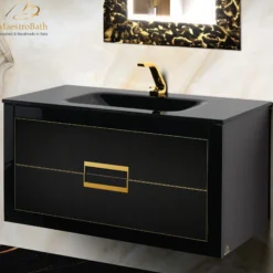 MaestroBath Dante 40" Modern Bathroom Vanity, Black and Gold, Wall-mounted, Glass Top: Integrated, Wood, VANK-DNTI-BG10