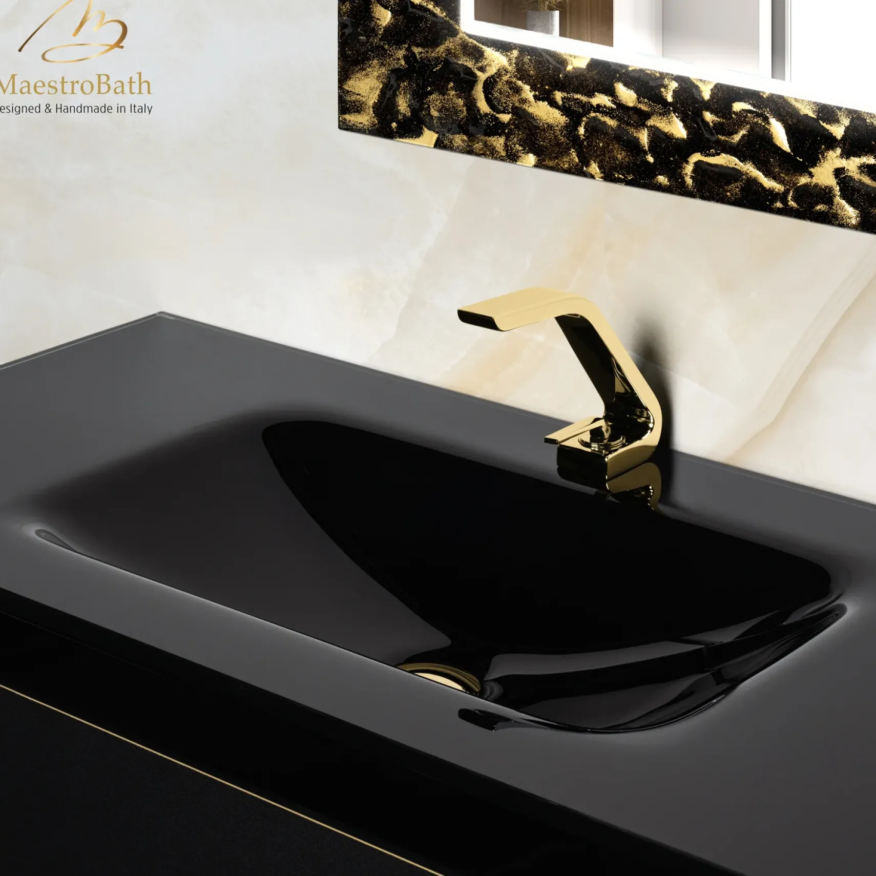 MaestroBath Dante 40" Modern Bathroom Vanity, Black and Gold, Wall-mounted, Glass Top: Integrated, Wood, VANK-DNTI-BG10