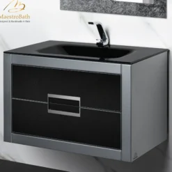 MaestroBath Dante 32" Modern Bathroom Vanity, Silver and Black, Wall-mounted, Glass Top: Integrated, Wood, VANK-DNTI-SL8
