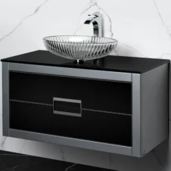 MaestroBath Dante 40" Modern Bathroom Vanity, Silver and Black, Wall-mounted, Glass Top: Flat, Wood, VANK-DNT-SL10