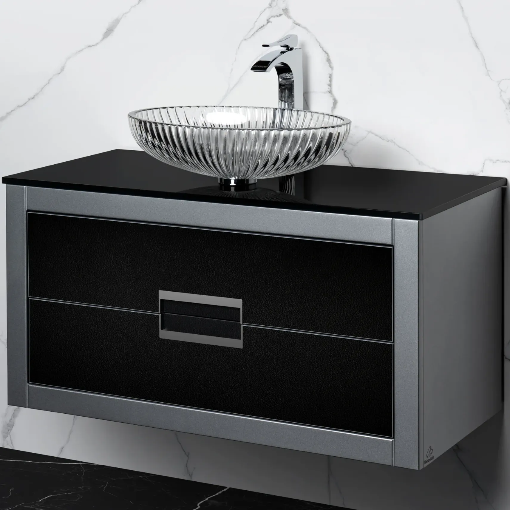 MaestroBath Dante 40" Modern Bathroom Vanity, Silver and Black, Wall-mounted, Glass Top: Flat, Wood, VANK-DNT-SL10