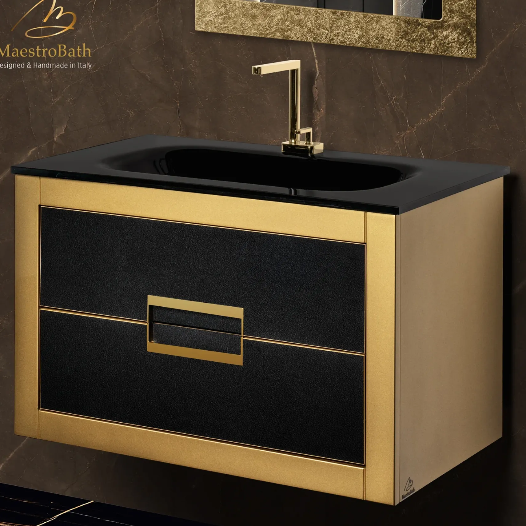 MaestroBath Dante 32" Modern Bathroom Vanity, Gold and Black, Wall-mounted, Glass Top: Integrated, Wood, VANK-DNTI-GL8