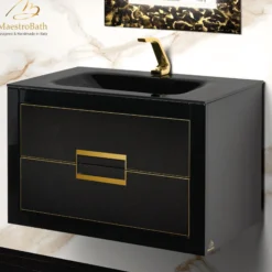 MaestroBath Dante 32" Modern Bathroom Vanity, Black and Gold, Wall-mounted, Glass Top: Integrated, Wood, VANK-DNTI-BG8