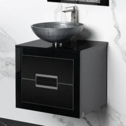 MaestroBath Dante 24" Modern Bathroom Vanity, Black and Silver, Wall-mounted, Glass Top: Flat, Wood, VANK-DNT-BS6