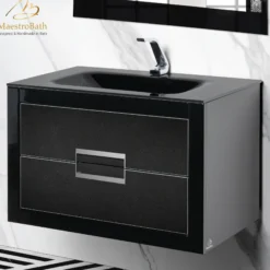 MaestroBath Dante 32" Modern Bathroom Vanity, Black and Silver, Wall-mounted, Glass Top: Integrated, Wood, VANK-DNTI-BS8