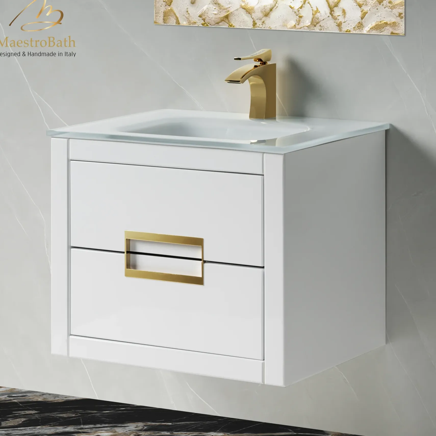 MaestroBath Dante 24" Modern Bathroom Vanity, White and Gold, Wall-mounted, Glass Top: Integrated, Wood, VANK-DNTI-WG6