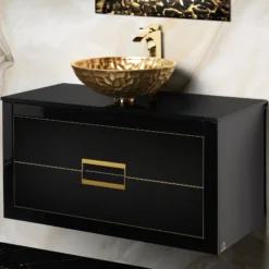 MaestroBath Dante 40" Modern Bathroom Vanity, Black and Gold, Wall-mounted, Glass Top: Flat, Wood, VANK-DNT-BG10