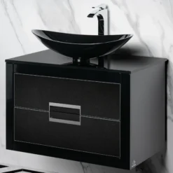 MaestroBath Dante 32" Modern Bathroom Vanity, Black and Silver, Wall-mounted, Glass Top: Flat, Wood, VANK-DNT-BS8