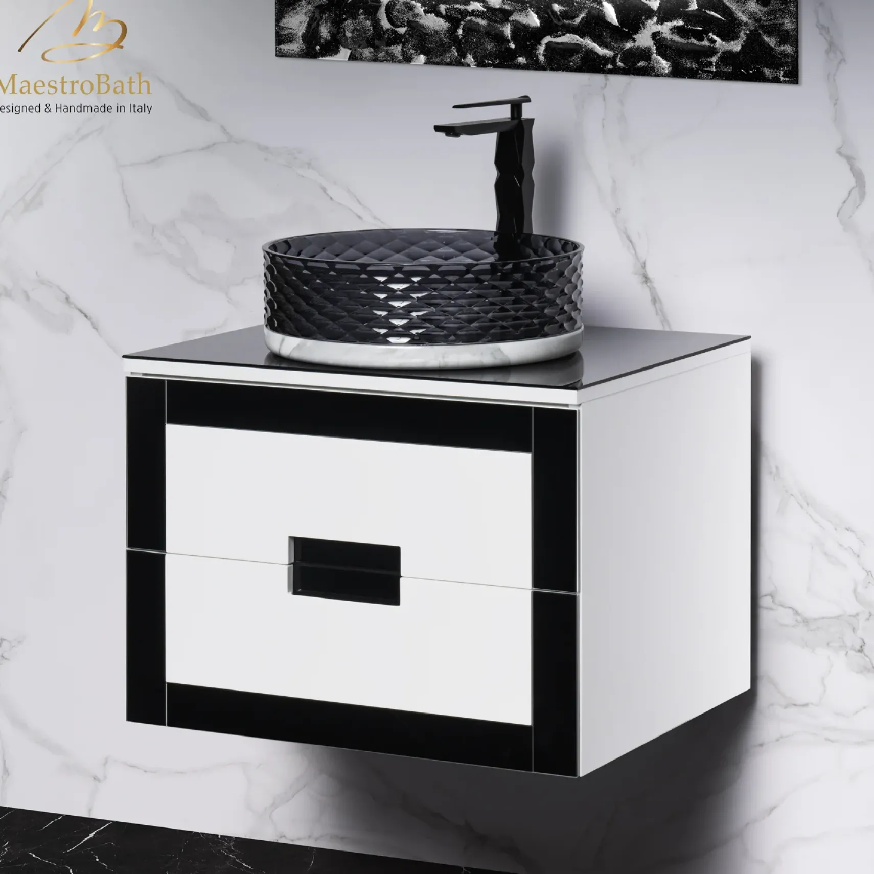 MaestroBath Petalo Luxury Bathroom Vanity, Black and White, 24, Wood, VAN-PTL24-BLW